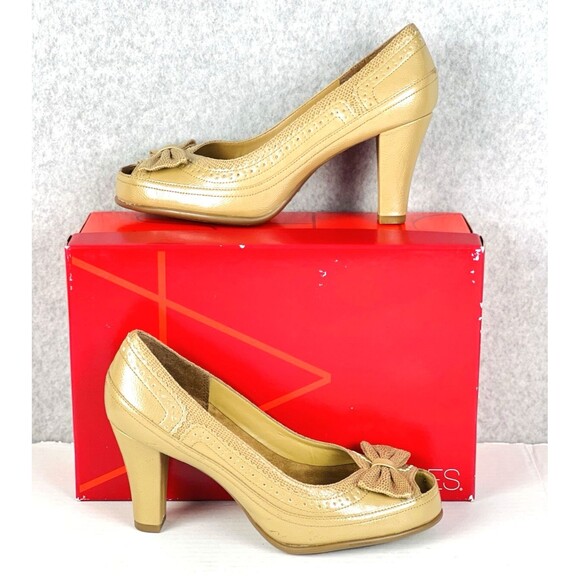 Aerosoles Bentwood Shoes Womens 8.5M Tan Lizard Bowtie Open Toe Heels Workwear - Picture 6 of 12